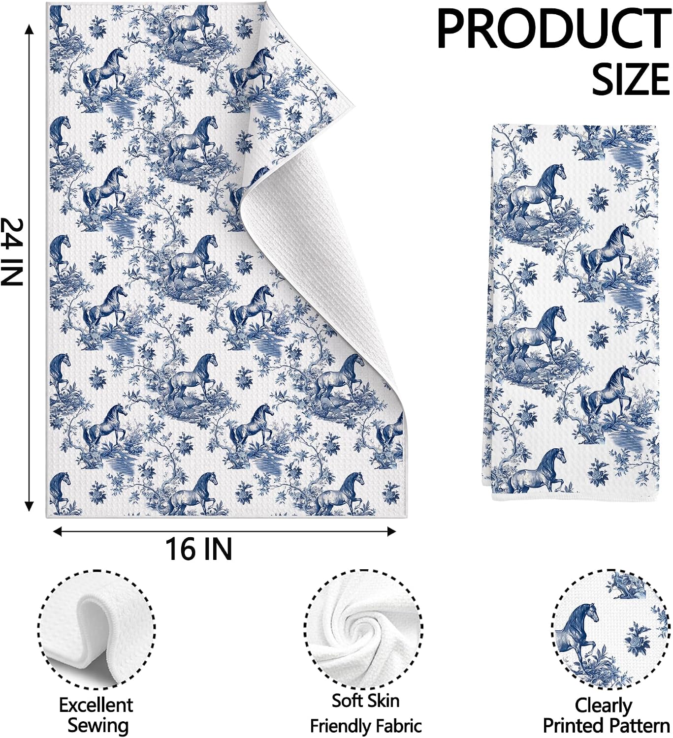 Blue and White Chinoiserie Horse Kitchen Towels 16x24 in, Horse Lover Gifts for Women Decorative Hand Towels for Bathroom Kitchen, Vintage Blue Floral Toile Farm Animal Dish Tea Towel image 2