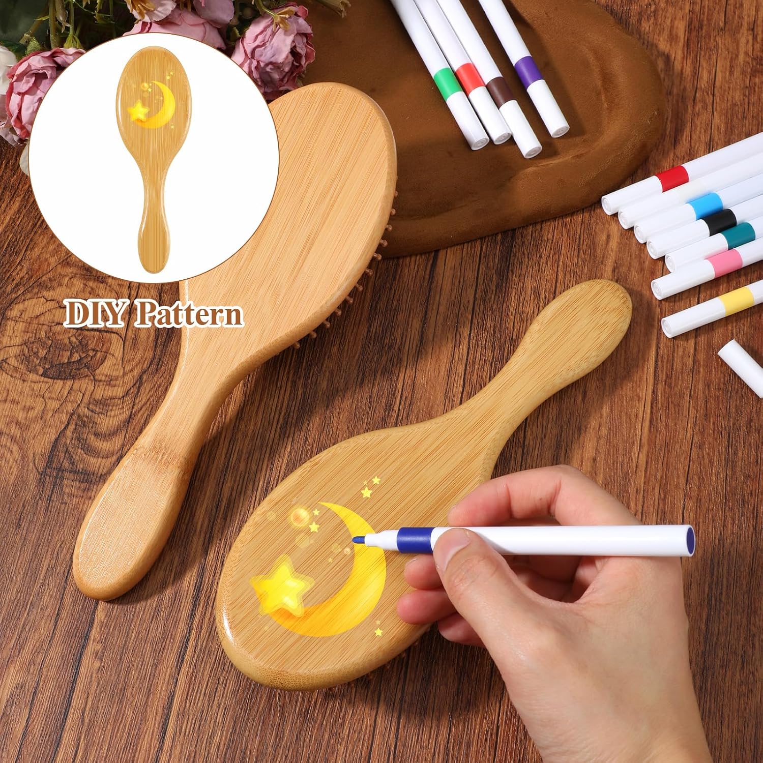 Kifmurase 10PCS Bamboo Hair Brush Bulk Wooden Paddle Brush with 12 Multicolor Pens, Round Tipped Bristles Massage Scalp Combs for Men Women Natural Bamboo Hairbrush for Hairs Growth Detangling