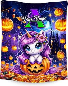 Halloween Blanket, Personalized Unicorn Blanket for Girls, Custom Kids Throw with Initial, Gifts for Girls, Cute Flannel Throw for Toddler Child (4 Sizes Choose)