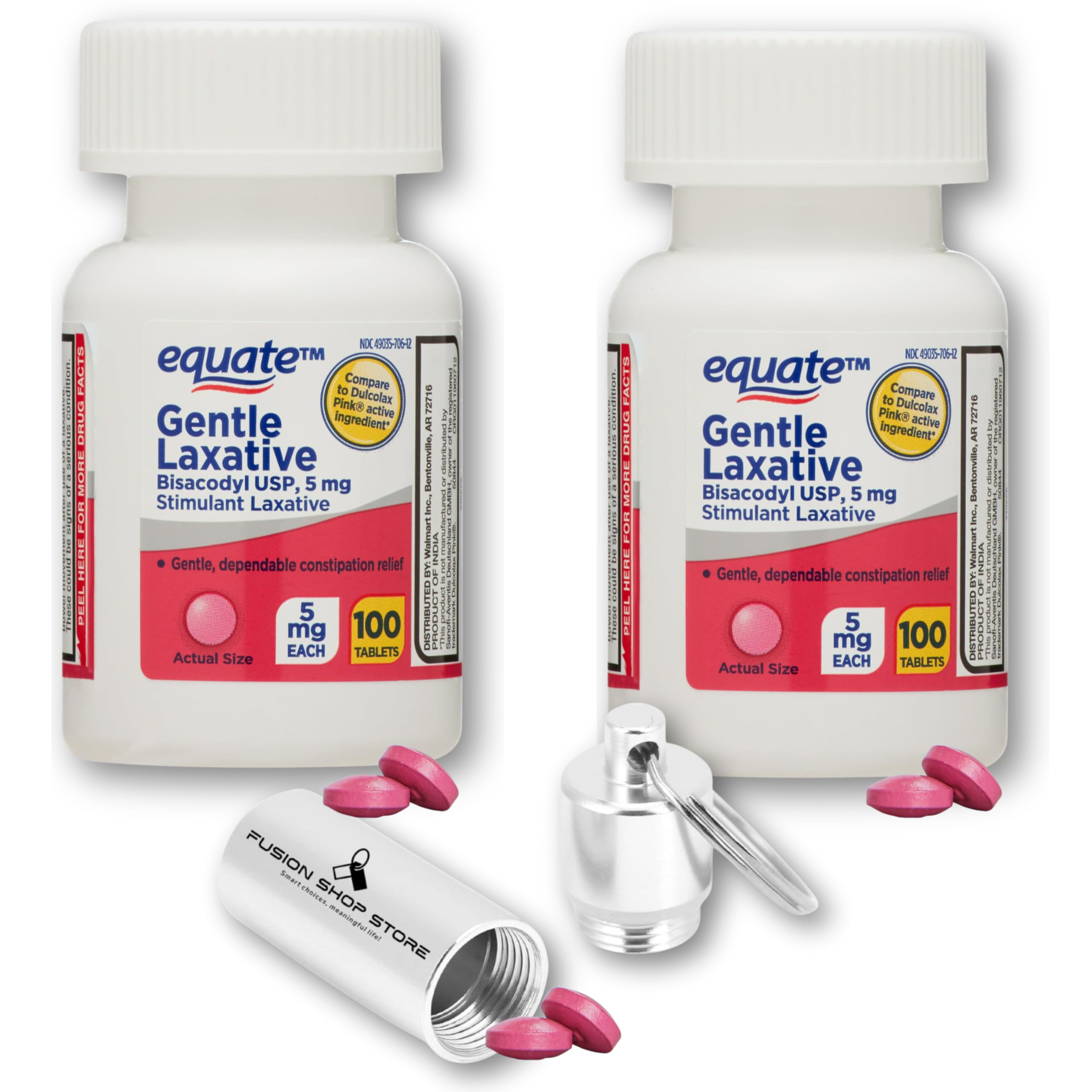 Women's Laxative Tablets, Bisacodyl 5mg 100ct (Pack of 2) by Equate Compare to Correctol, Set with Fusion Shop Store Keychain Portable Case (1)