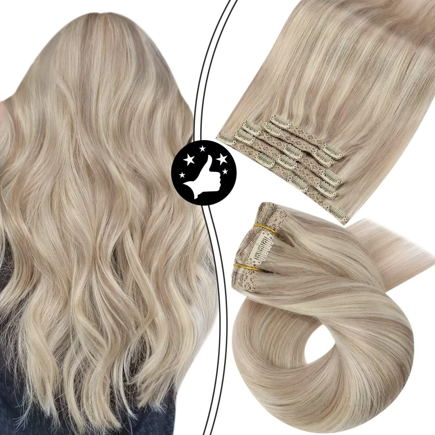 Moresoo Clip in Hair Extensions Real Human Hair 14inch Ash