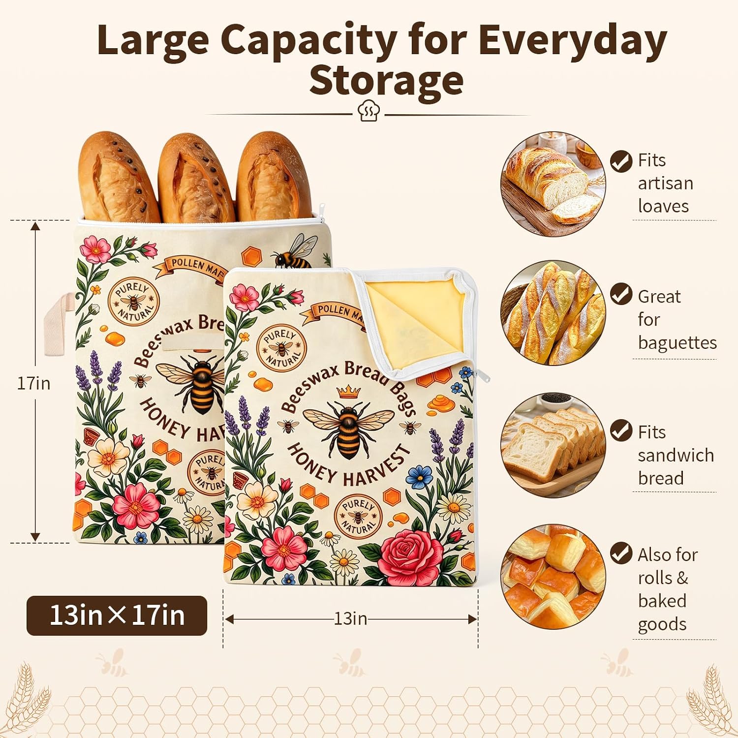 2 Pack Reusable Beeswax Bread Bags for Homemade Sourdough, 13"x17" Organic Linen & Cotton Bread Storage Bag with Zip Seal, Natural Beeswax Coating Keeps Bread Fresh Longer – Freezer Safe & Portable image 3