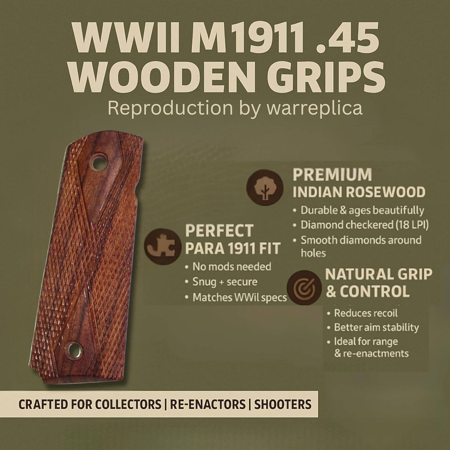 WWII US M1911 / 1911 .45 Wooden Grips - Reproduction Original