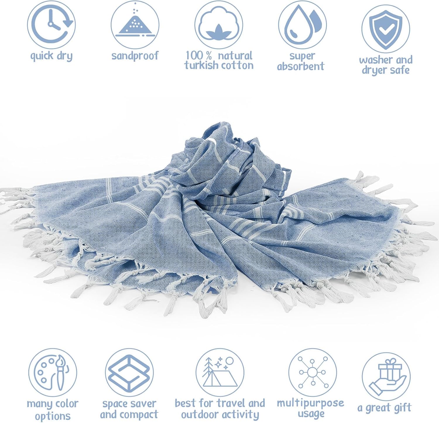 Oudain 2 Packs Oversized Turkish Beach Towel, 61" x 82" Extra Large Cotton Beach Blanket for Adults Bath Supplies, Travel Lightweight Sandproof(Denim Blue)