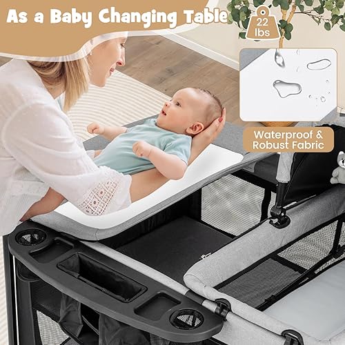 Miniatura 8 de BABY JOY Paquete 4 en 1 y juego, corralito portátil para bebé con moisés y cambiador de pañales, moisés infantil, centro de actividades para cuna de