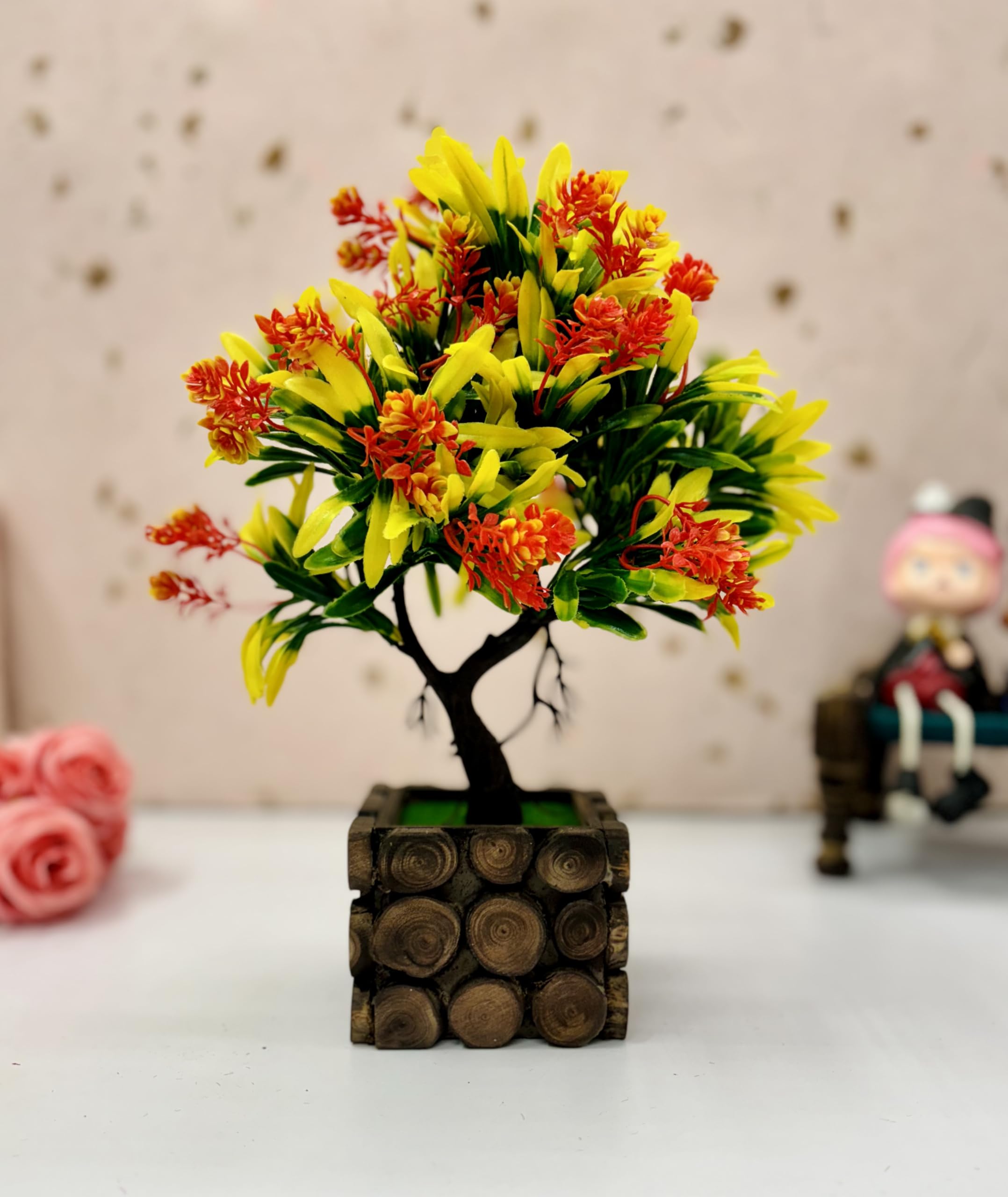 Dekorly Artificial Wild | Indoor Outdoor | Bathroom Bedroom Living Room Farmhouse Housewarming | Plastic & Wooden Potted Plants for Home Office Desk | Fake Faux Colorful Plant (Medium, Design-C)