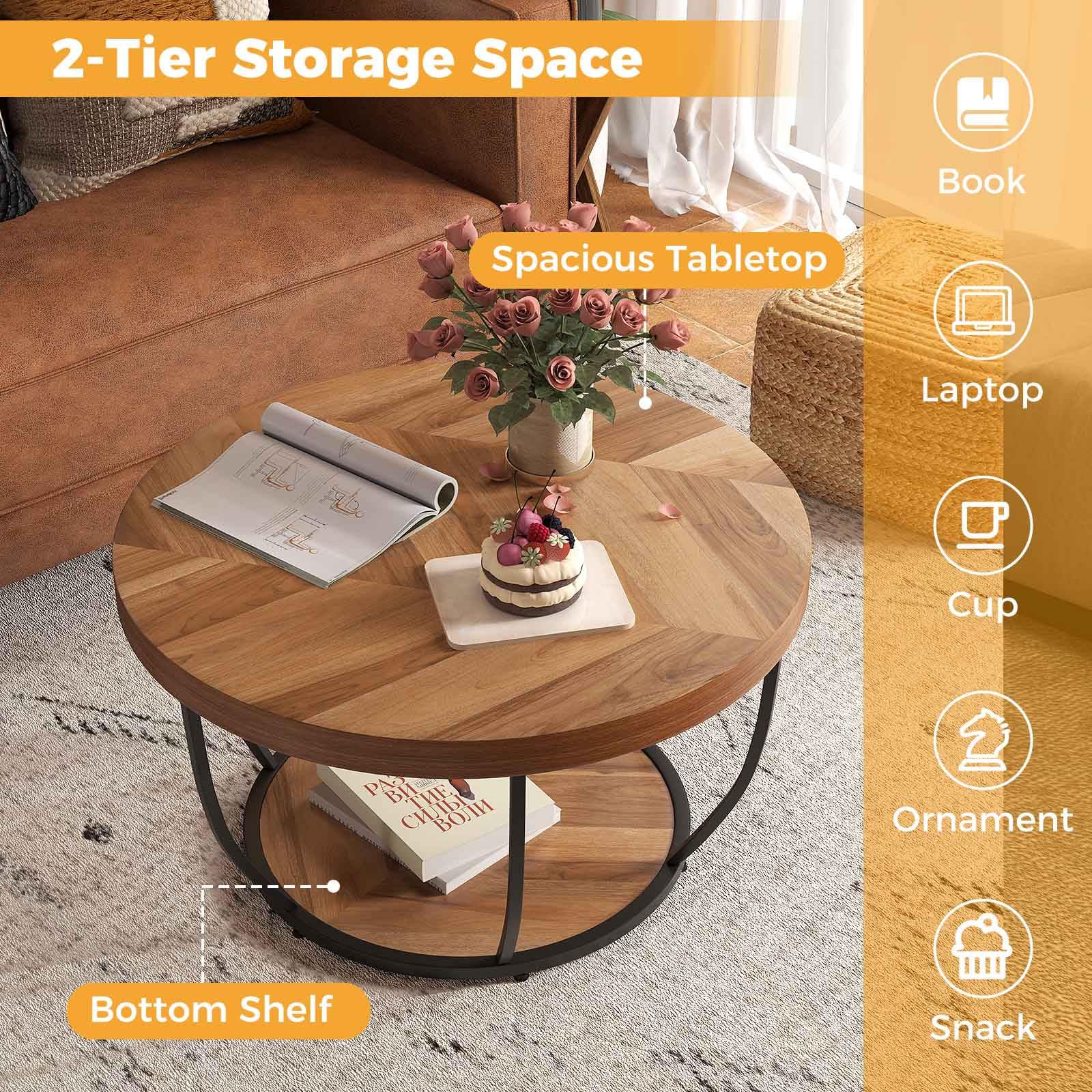 LIFEZEAL Tavolino Salotto Rotondo a 2 Ripiani, Stile Industriale, Tavolino da Caffè, Soggiorno, Divano, Basso, in Legno e Metallo, Montaggio Semplice, Max 90kg, Ø80x45cm, Naturale