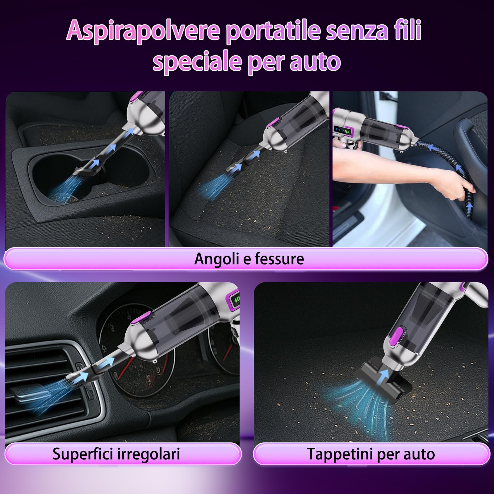 Aspirapolvere senza fili per auto, potente mini aspirapolvere da 27000PA, aspirapolvere portatile ricaricabile, ideale per pulire gli spazi ristretti di veicoli, case e uffici（Viola）