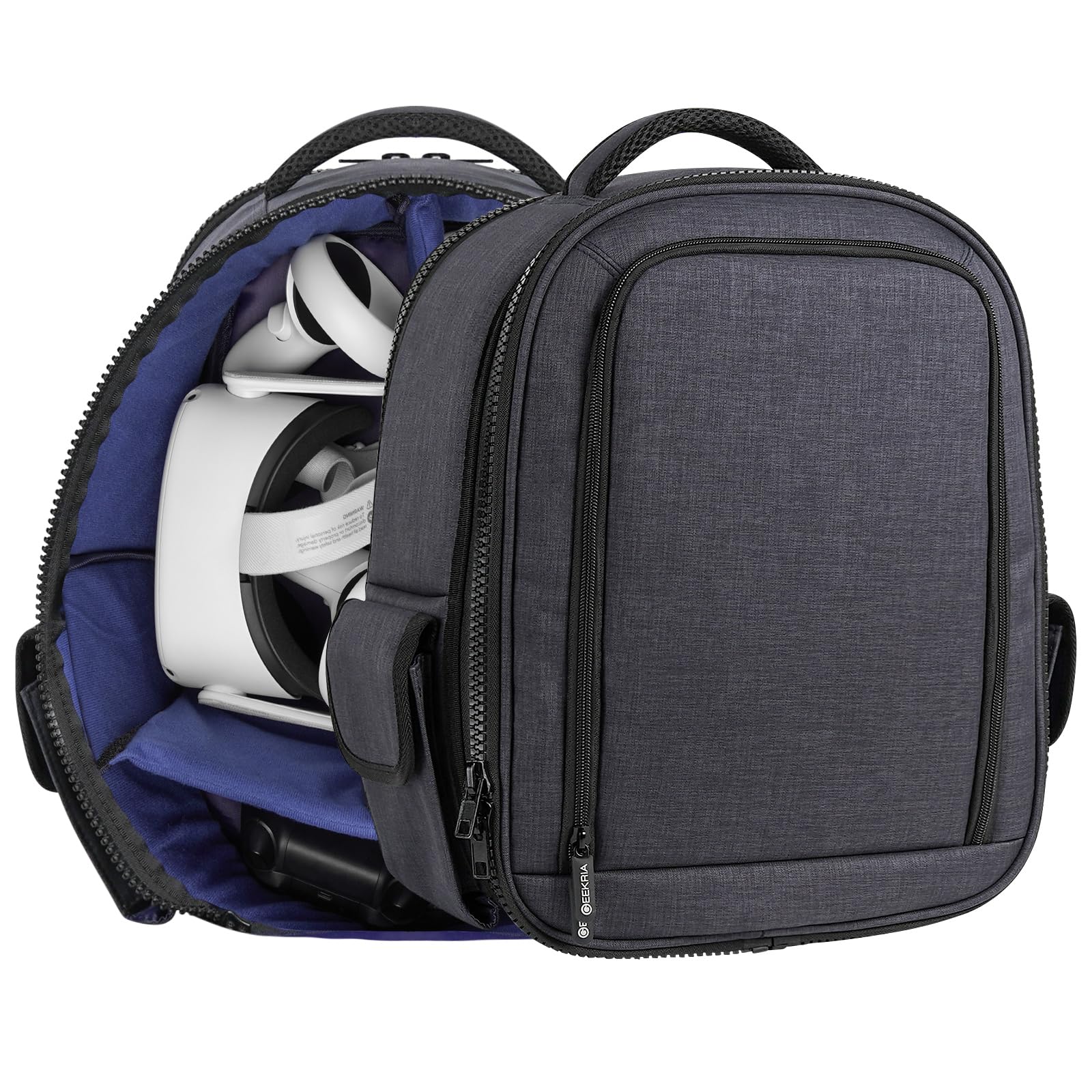 GEEKRIA Shield VR Headset Carrying Case Compatible with Meta Quest 3, 2, Pro, PSVR2, Pico Neo 3, Rift S, Go, HTC VIVE, Customizable Interior & Rain Cover, Large Capacity Backpack (Blue)