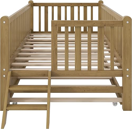 Miniatura 83 de Polibi Sofá cama de tamaño matrimonial, marcos de cama de día completo de madera con dos cajones y barandillas de seguridad para dormitorio, sala de