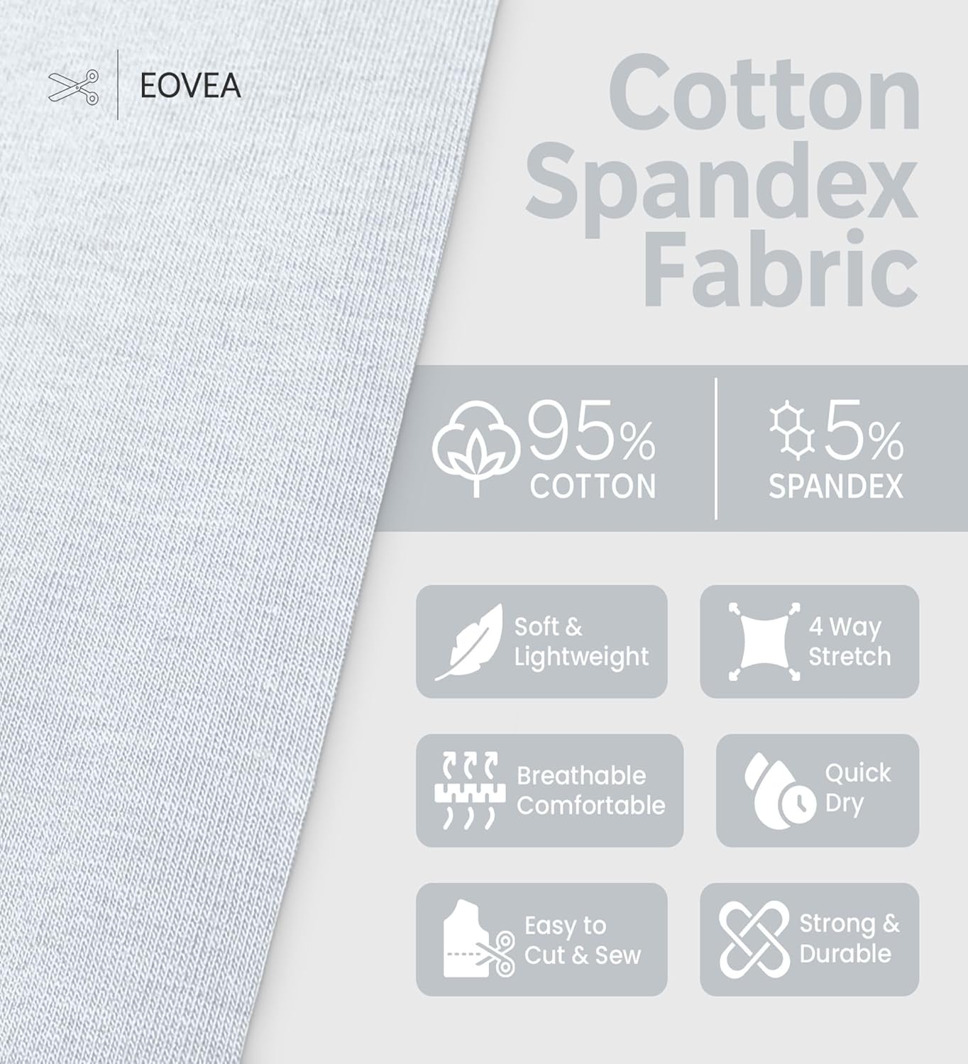 EOVEA - Cotton Spandex Fabric by The Yard - 4 Way Stretch Jersey Knit - Spandex & Cotton T-Shirt Fabric - Lightweight, Breathable - 60" Wide Roll| 10 oz(White, 5 Yards)