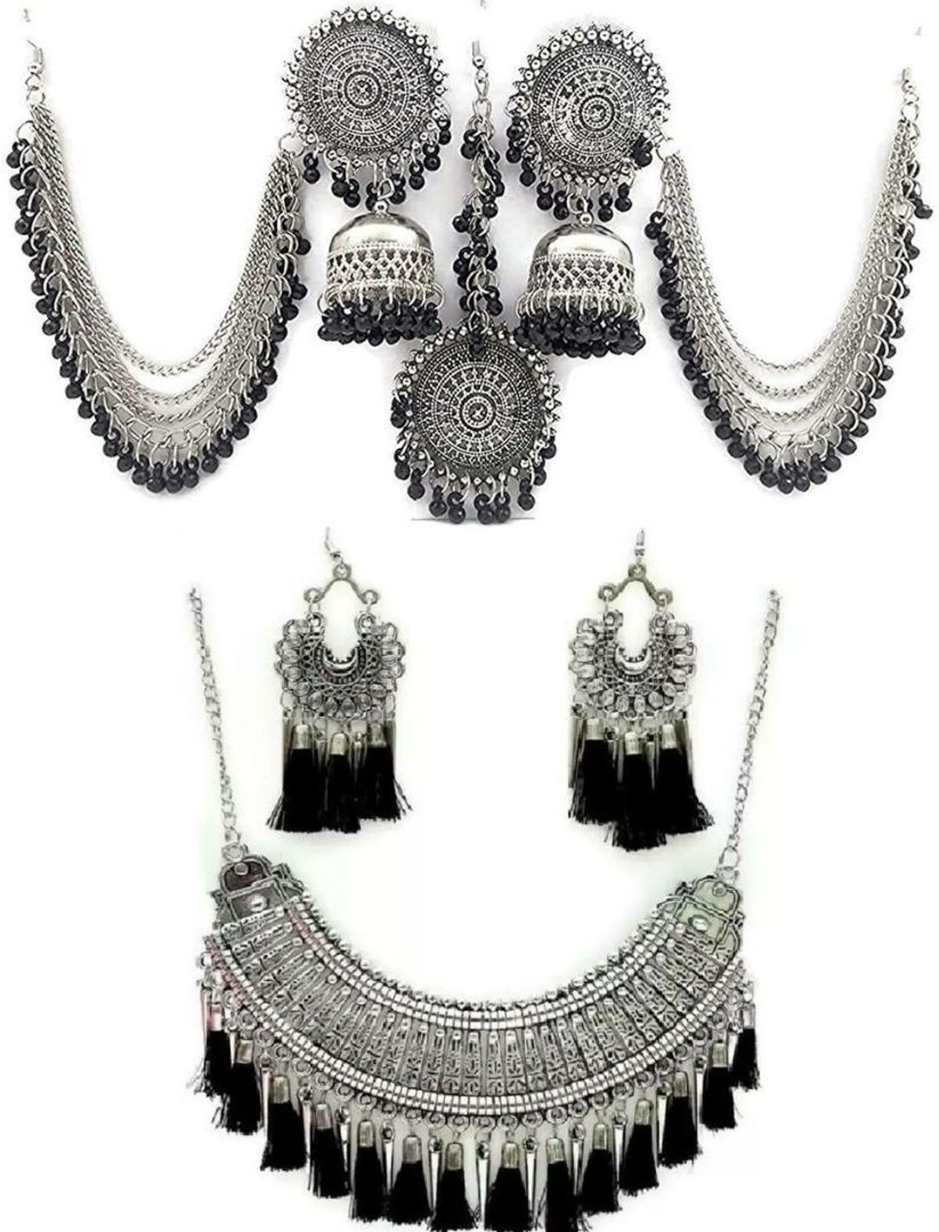 COSMO DUST Fashion Latest Oxidised Alloy Antique Design Stylish Traditional Necklace Maang Tikka Jhumka Earrings Jewellery Set for Women (B0CB3CP4ZM) Amazon Price History, Amazon Price Tracker