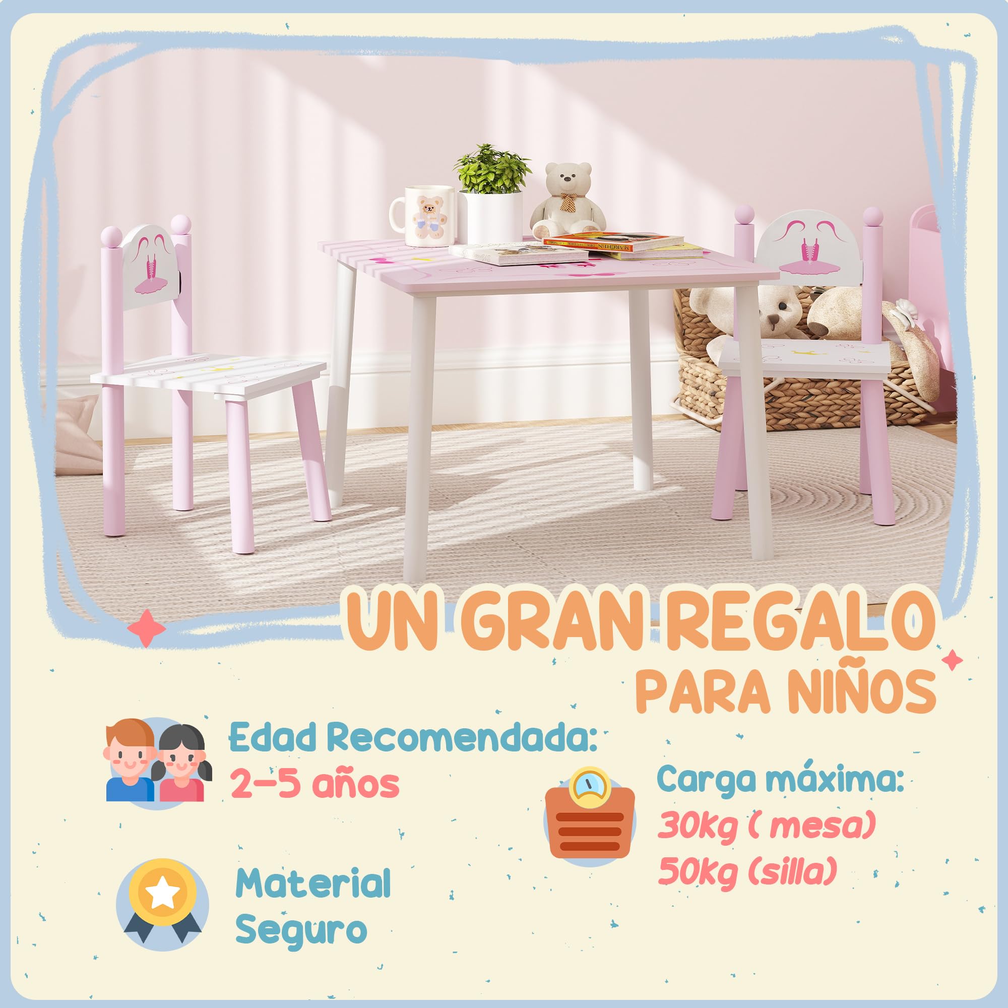 AIYAPLAY Tavolo e sedie per bambini 3 pezzi stile principessa Rosa e bianco