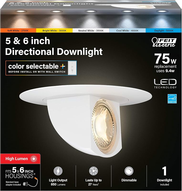 5/6 Inch LED Directional Downlight, 75W Eq, 5CCT Selectable