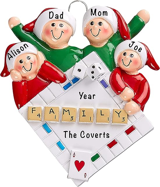 Personalized Game Night Family of 4 Christmas Ornaments 2022, Our First Christmas as a Family of Four Tree Decorations, Custom Game Board Decor, Customized New for Mom, Dad, Grandparents