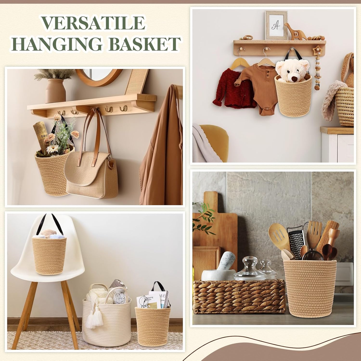 CroBlissful 4 Pack Jute Hanging Planter Basket Boho Rope Woven Plant Hangers Indoor Flower Plants Wall Decor Set with Handle Wall Door Storage for Organizing Plants and Flowers