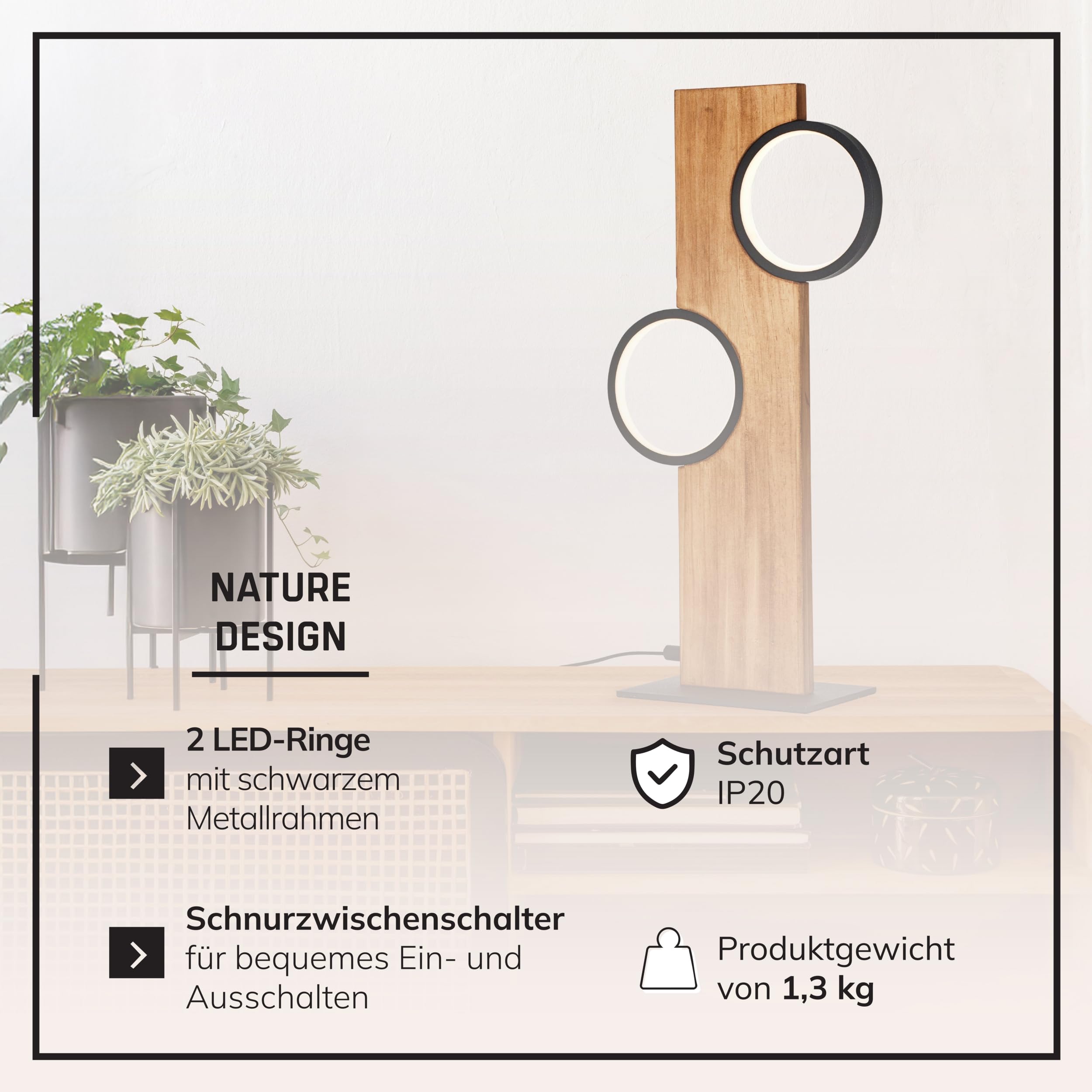 Lightbox LED Tischlampe Holz, 50x25x12 cm, Kabelschalter Lampe
