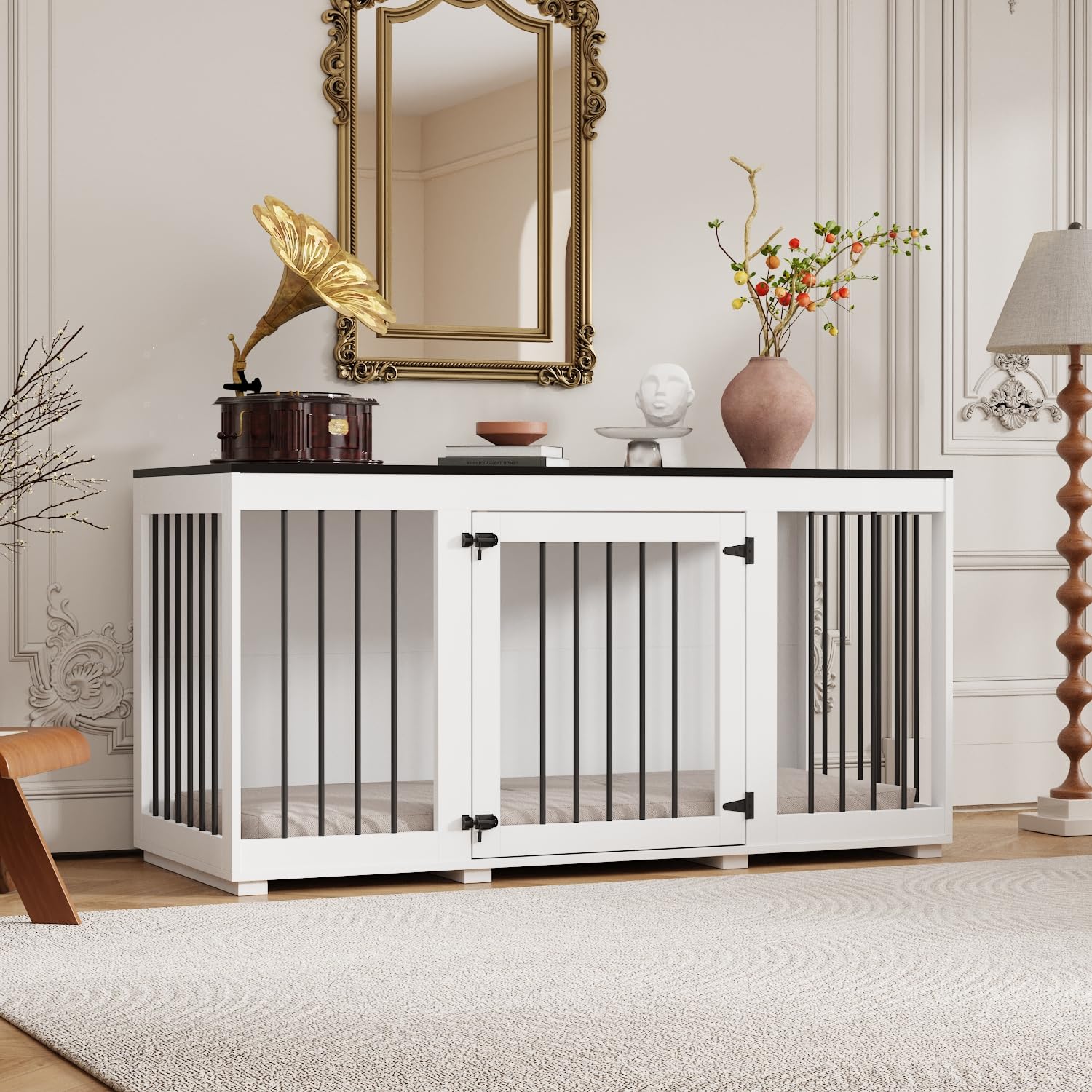 Cage pour Chien d'Intérieur - Niche avec Porte et Coussin - Pour Grands, Moyens et Petits Chiens - MDF + Fer - 136 x 70 x 56 cm - Blanc