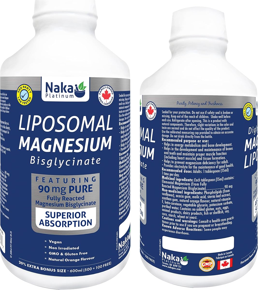 NAKA Naka Platinum LIPOSOMAL MAGNESIUM Bisglycinate Superior Absorption featuring 90 mg PURE Fully Reacted Magnesium Bisglycinate per 1 tablespoon 15 ml serving, 40 day supply - BONUS SIZE 600 ml (500 ml + 100 FREE)