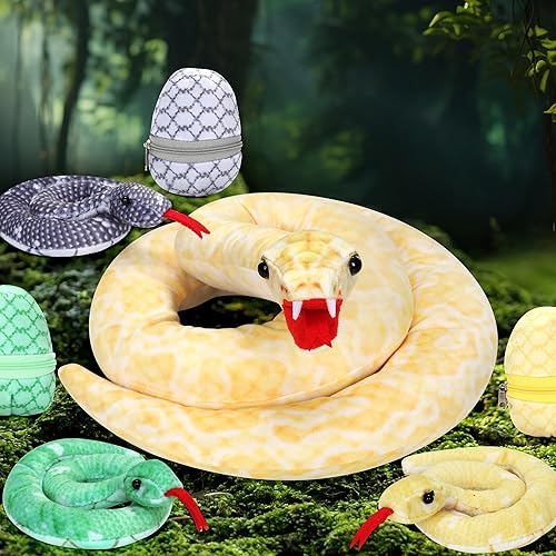 Miniatura 7 de Peluche gigante de serpiente de 55 pulgadas con 3 bebés, regalo de relleno de Pascua, serpiente con 3 lindos bebés y 3 huevos, serpiente dorada de
