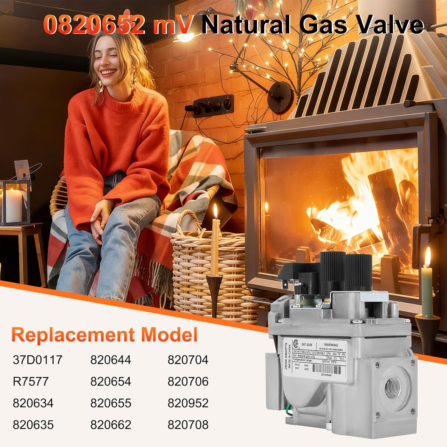 0820652 Natural Gas Fireplace Valve, Direct Vent Millivolt Gas Valve Appliances for Fireplaces, Stoves, and Gas Logs, Replacement OEM Components Compatible with 820 Series
