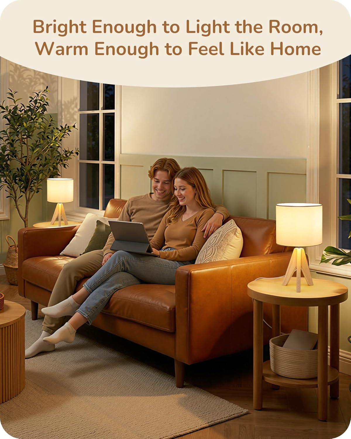 EDISHINE Small Cute Table Lamp, Wood Tripod Nightstand Lamp, Mid Century Bedside Lamp with Linen Fabric Shade for Nursery, Living Room, Bedroom, End Table, UL Listed, 14.2 Inch, ON/Off Switch