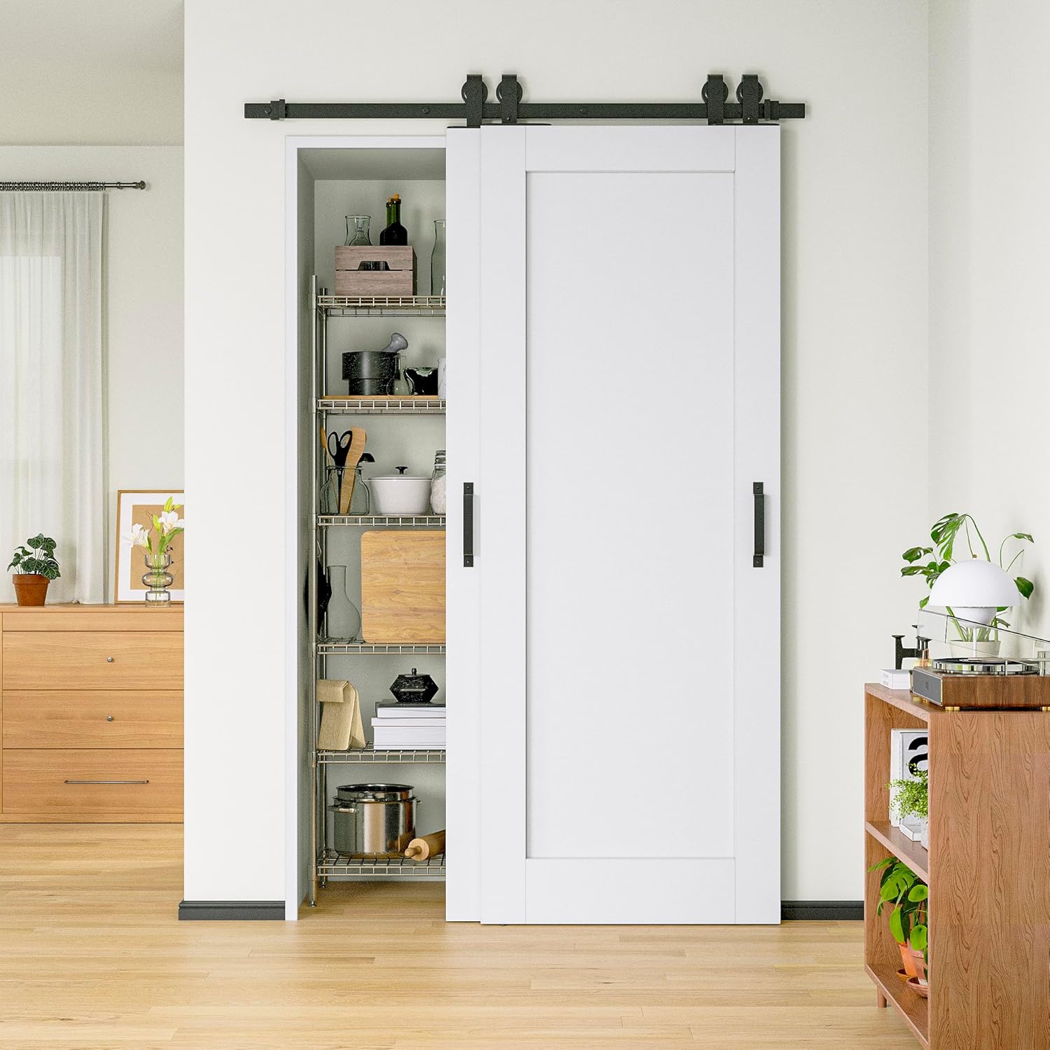 Bypass Barn Door-White Primed Solid Core Sliding Barn Doors with Installation Hardware Kit/No Assembly Required,56" x 80"