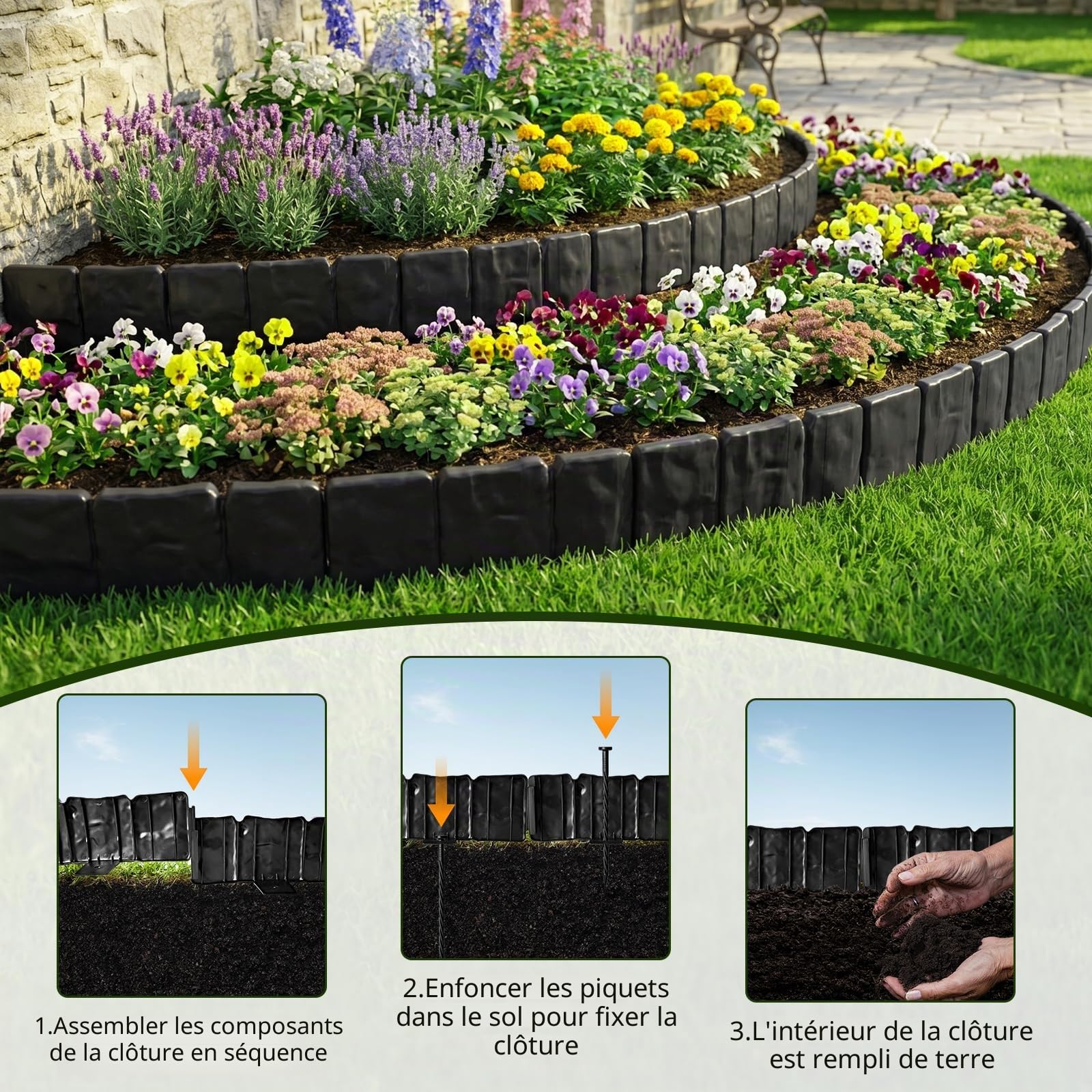 Bordure Jardin Exterieur, Bordures de Jardin Flexible Plastique, Décorative Facile à Installer pour Allée Pelouse Parterre Lot de 20pcs Gris, Épaissi Bordure de Pelouse, Pierre D'imitation-5 m