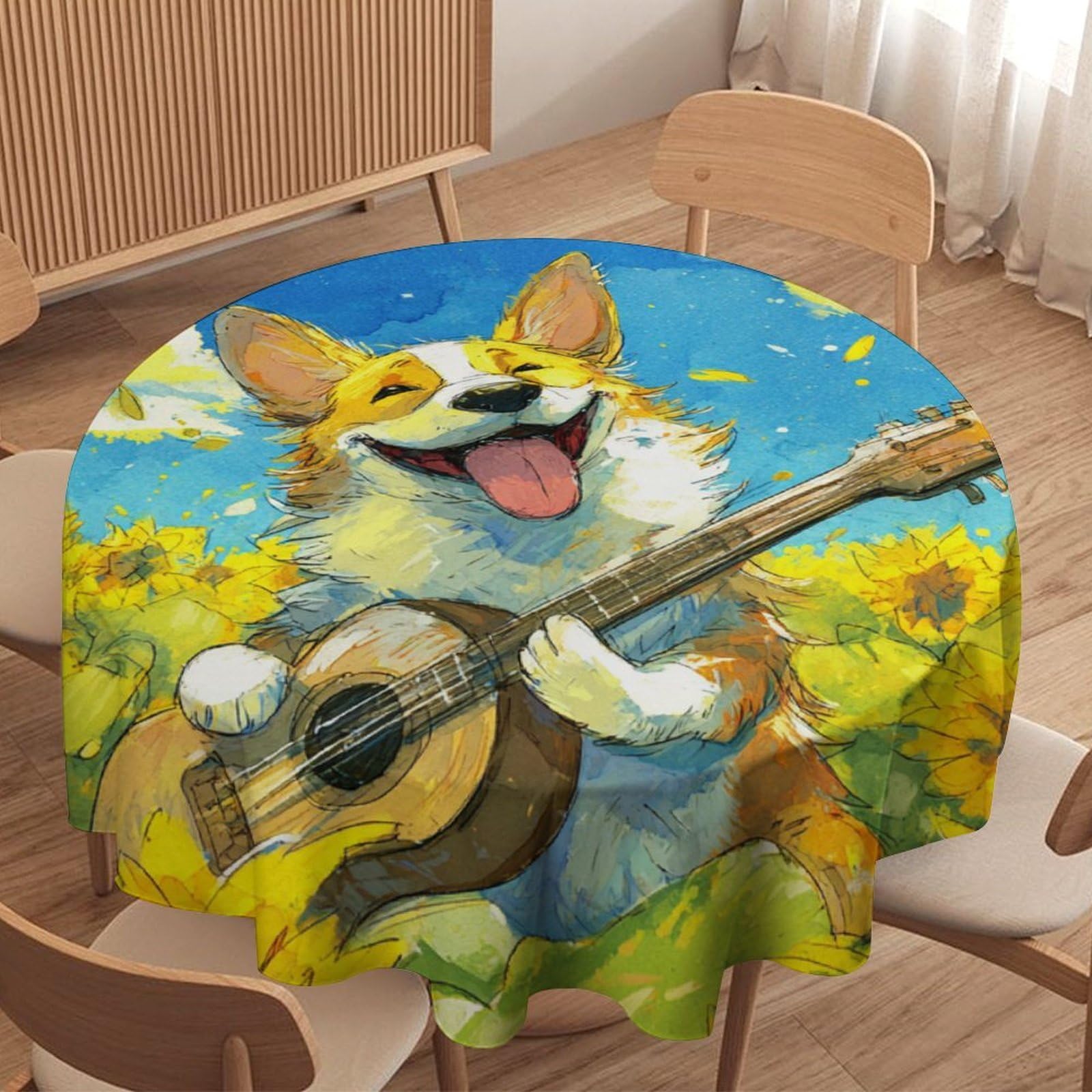 LUYYSKY Classic Oil Painting Puppies Waterproof Round Tablecloth Realistic Aesthetic Spring Farm Sunflowers Animals Dogs Print Washable Table Cover for Kitchen-127 Wx127 L cm