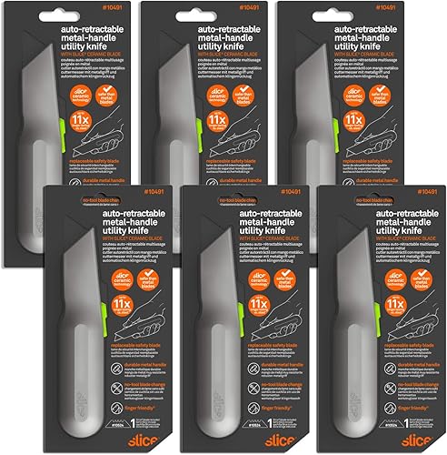 Slice 10491 - Cuchillo utilitario con mango de metal, hoja de cerámica apta para dedos, retrae automáticamente para seguridad, mango de metal
