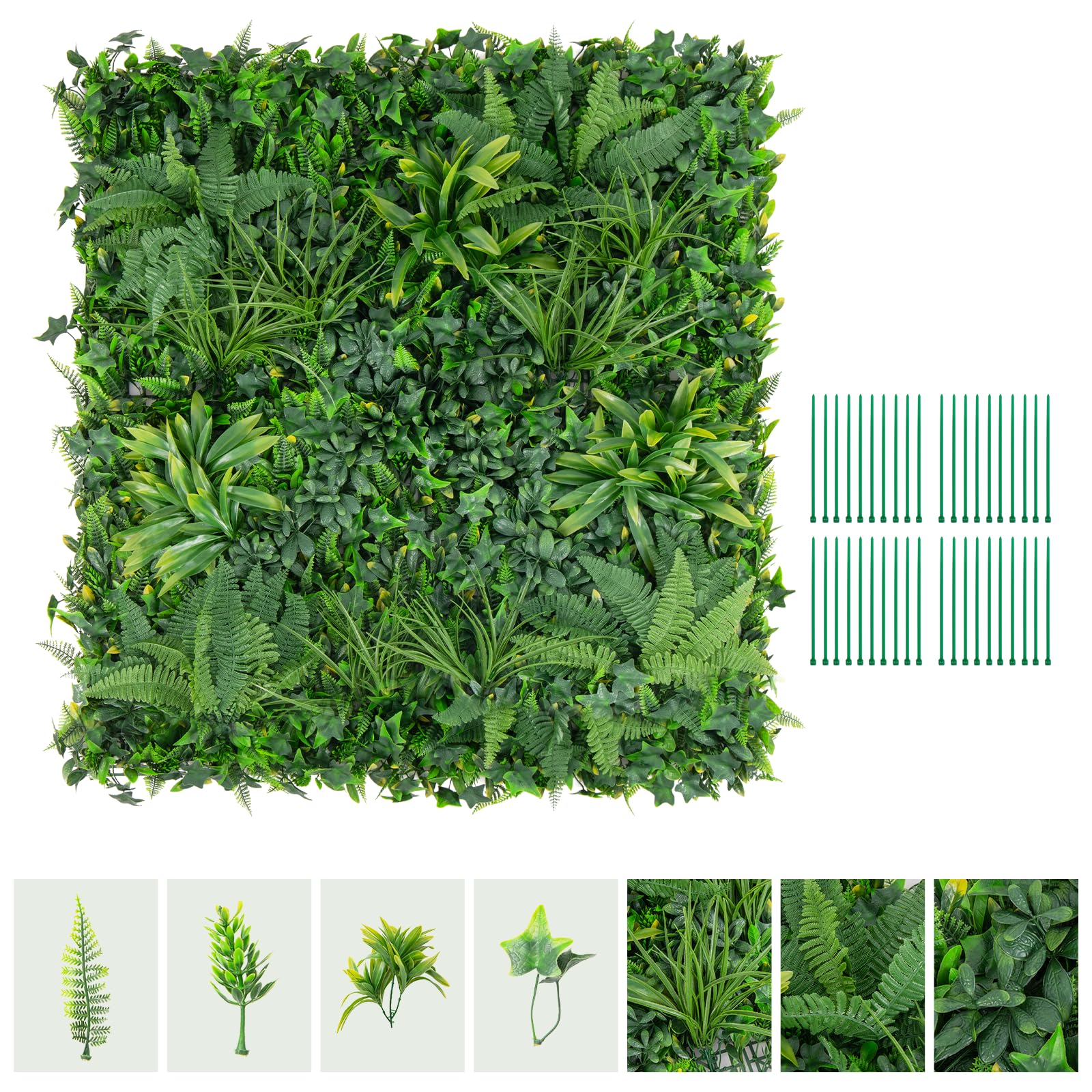 SOARS 4 Stück Künstliche Pflanzenwand, Hecke 50x50cm mit UV-stabilisierten Paneelen & verschiedenen Blättern, für Wohnzimmer, Garten, Wand, Hochzeit, Grün