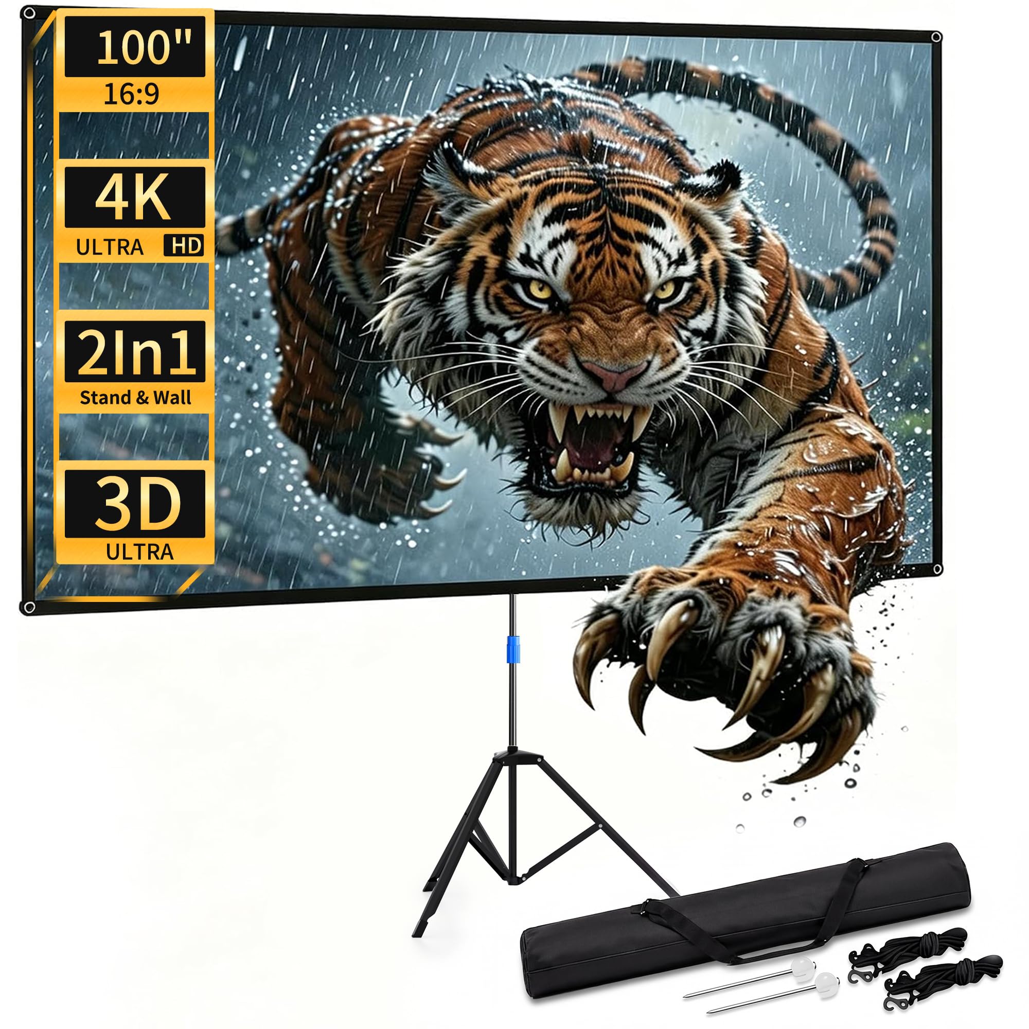 WASJOYE 100 Zoll Beamer Leinwand mit Stativ,16:9 4K HD Beamer Leinwand Outdoor,Windresistentes Design für Projektionsleinwand,inkl.Heringen Seilen,für Home Party, und innen/außen Filme,222 * 125cm