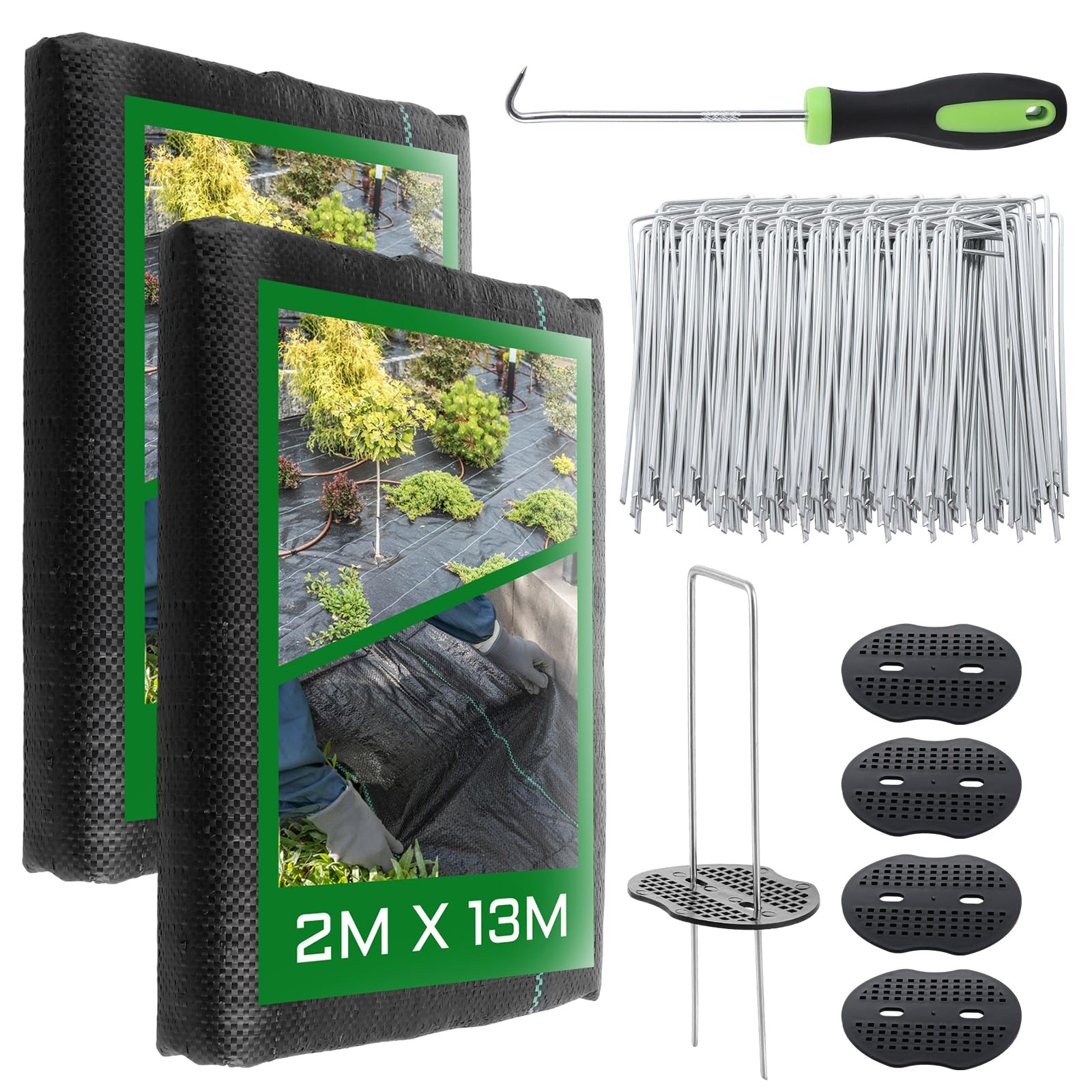 LOLYSIC 2PCS Weed Control Membrane 2m x 13m with 20 U Pins & Buffer Washers, Heavy Duty Weed Barrier Fabric, Weeds Suppressant Ground Cover for Garden Patio Lawn Landscape Artificial Grass Path