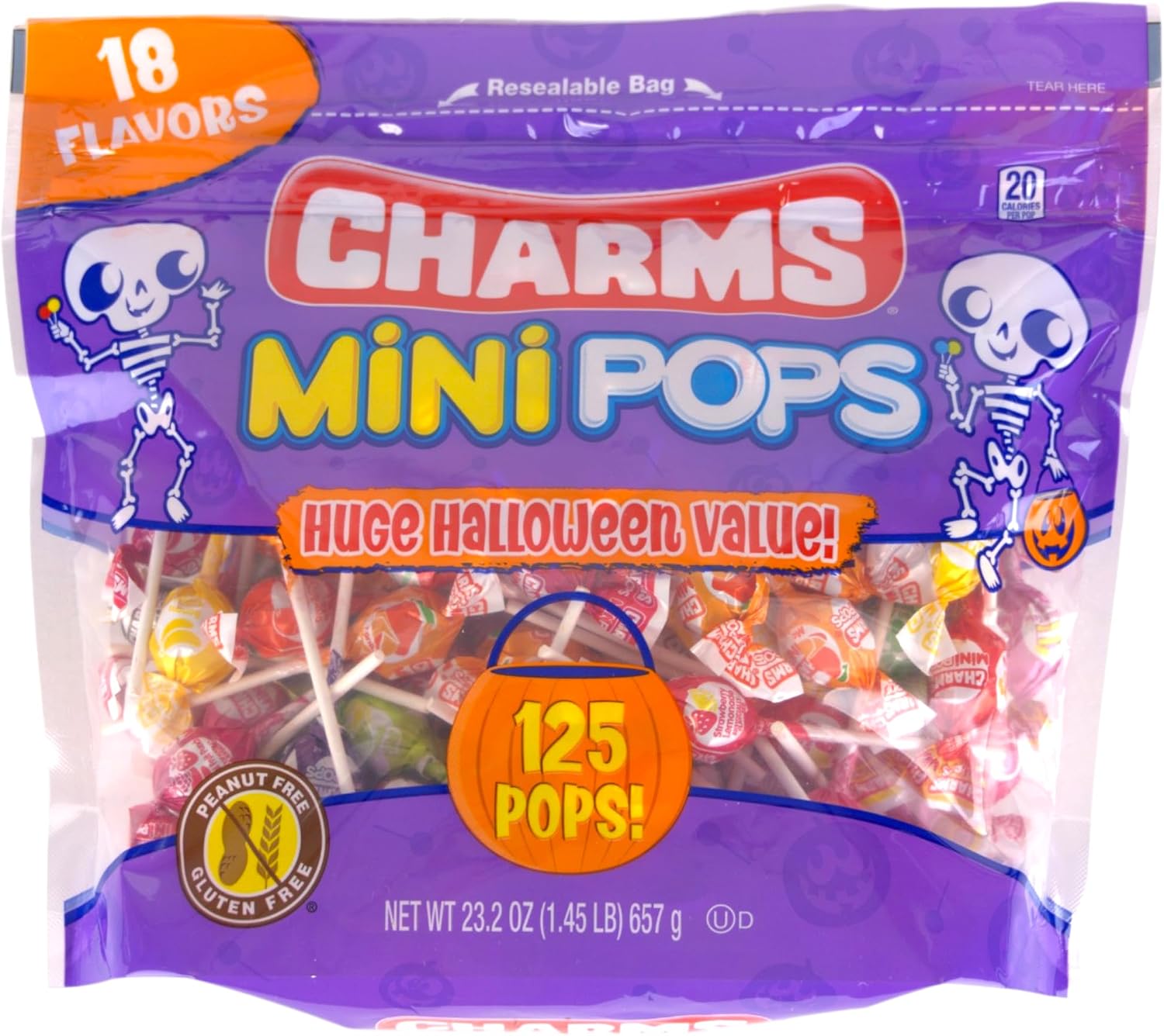 Charms Mini Pops Halloween Lollipop Candy, 18 Flavors, 125 Count, 23.2 Ounces, Peanut & Gluten-Free