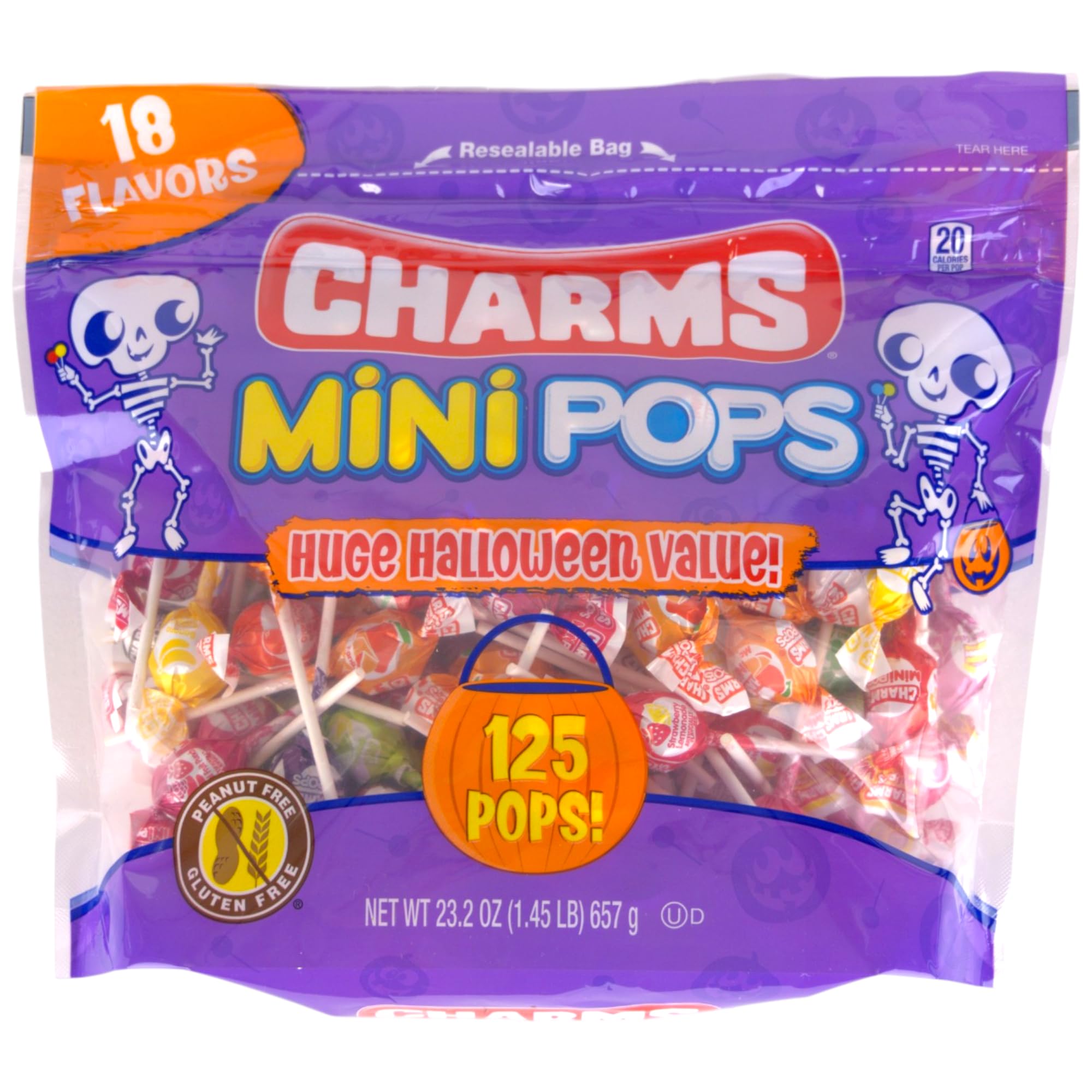 Charms Mini Pops Halloween Lollipop Candy, 18 Flavors, 125 Count, 23.2 Ounces, Peanut & Gluten-Free