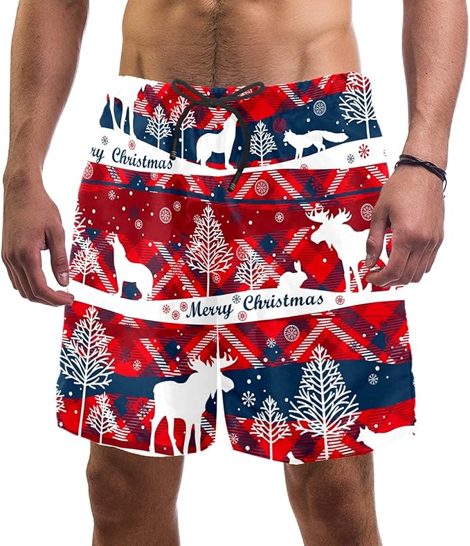 Man Beach Shorts, Merry Christmas Reindeers Swim Trunks Elastic