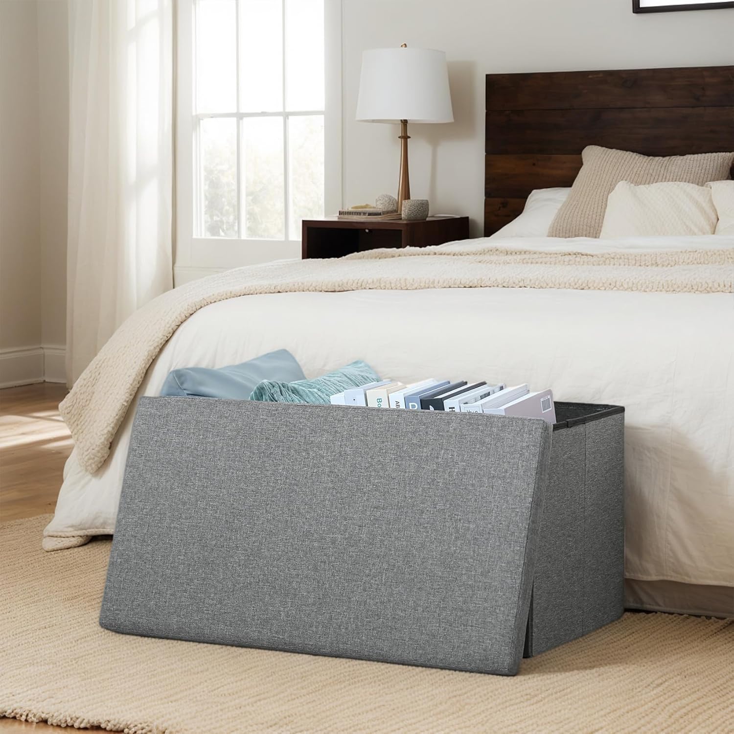 30 Inch Folding Storage Ottoman with Reversible Lid Coffee Table, Linen Fabric Multi-Functional Foot Rest & Seat for Living Room, Bedroom Grey
