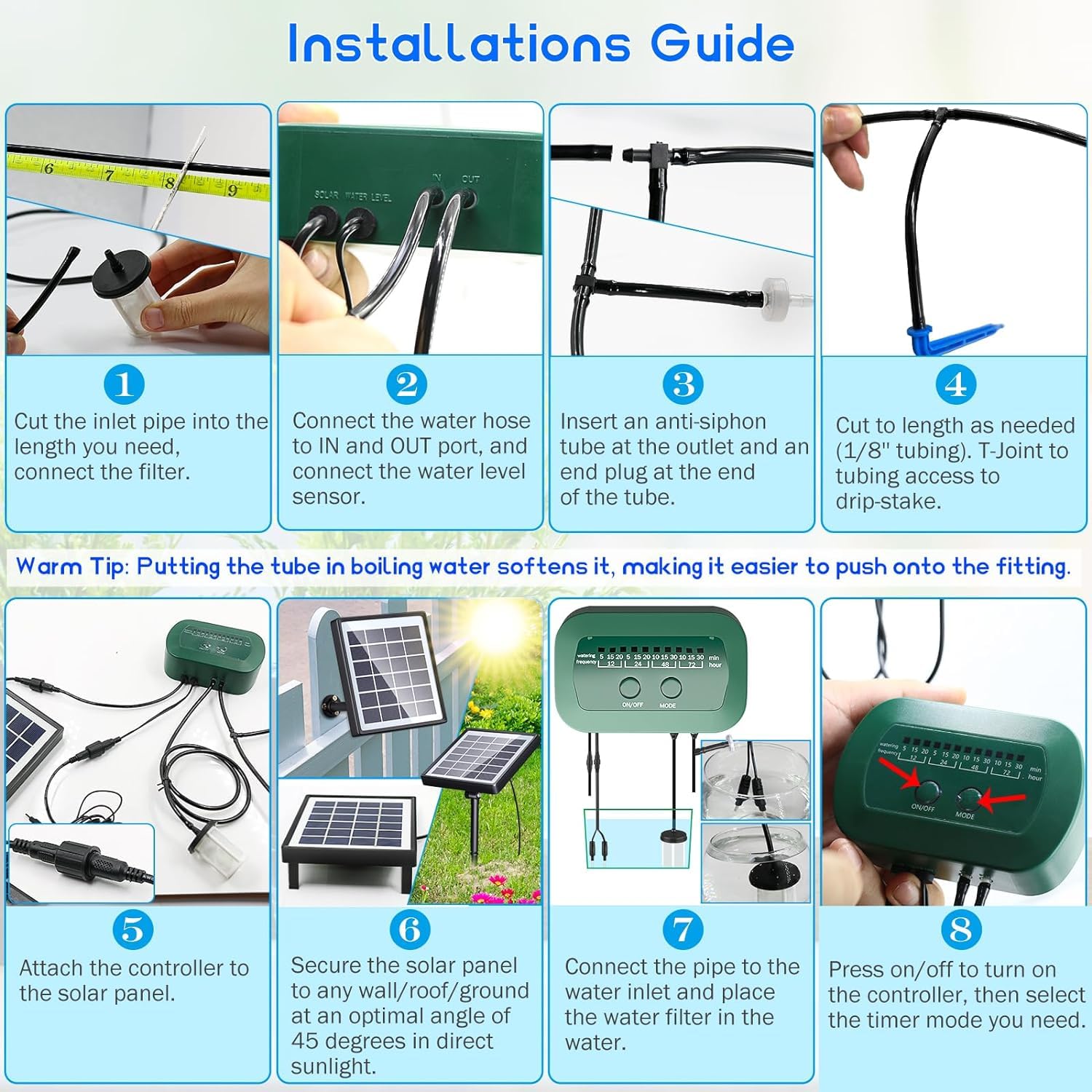 Système d'irrigation solaire, goutte-à-goutte automatique, design anti-siphon pour plantes en pot, serre, 12 modes de minuterie, appareil d'arrosage de plantes + tuyau de 15 m