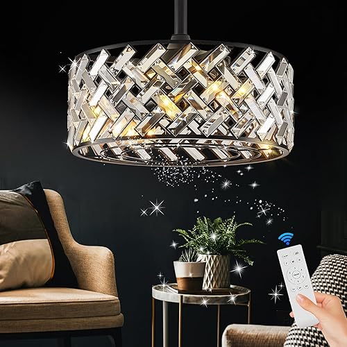 Ventilador de techo con jaula moderno con luz, candelabro de cristal con control remoto, ventilador de techo negro de 18" de montaje empotrado,