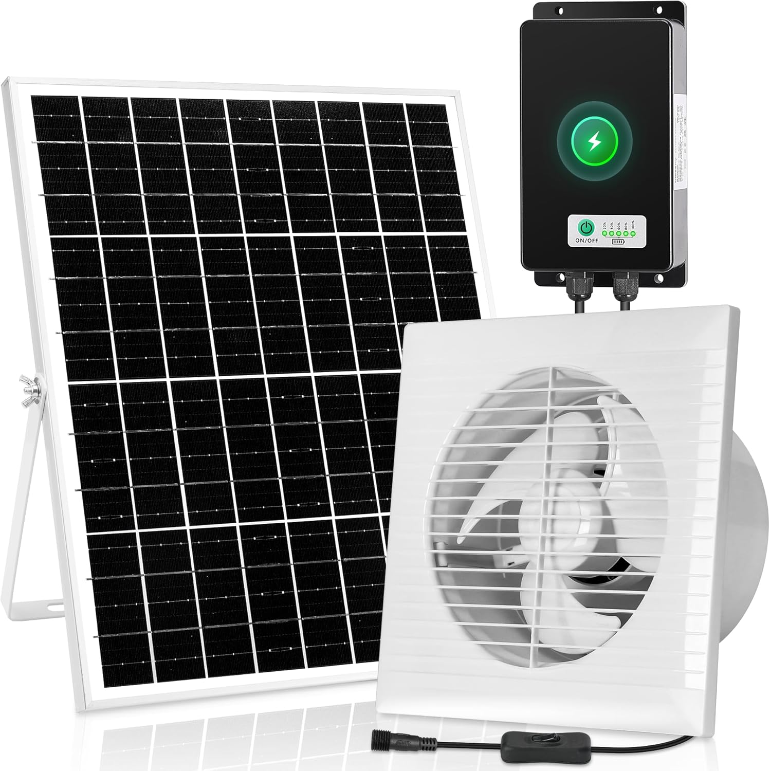Photo voltaic Powered Rechargeable Exhaust Fan, 25W Photo voltaic 8″ Air flow Vent Fan with 66.6 Wh Battery Backup for Outdoors Greenhouse, Hen Coop, Shed, Pet Home