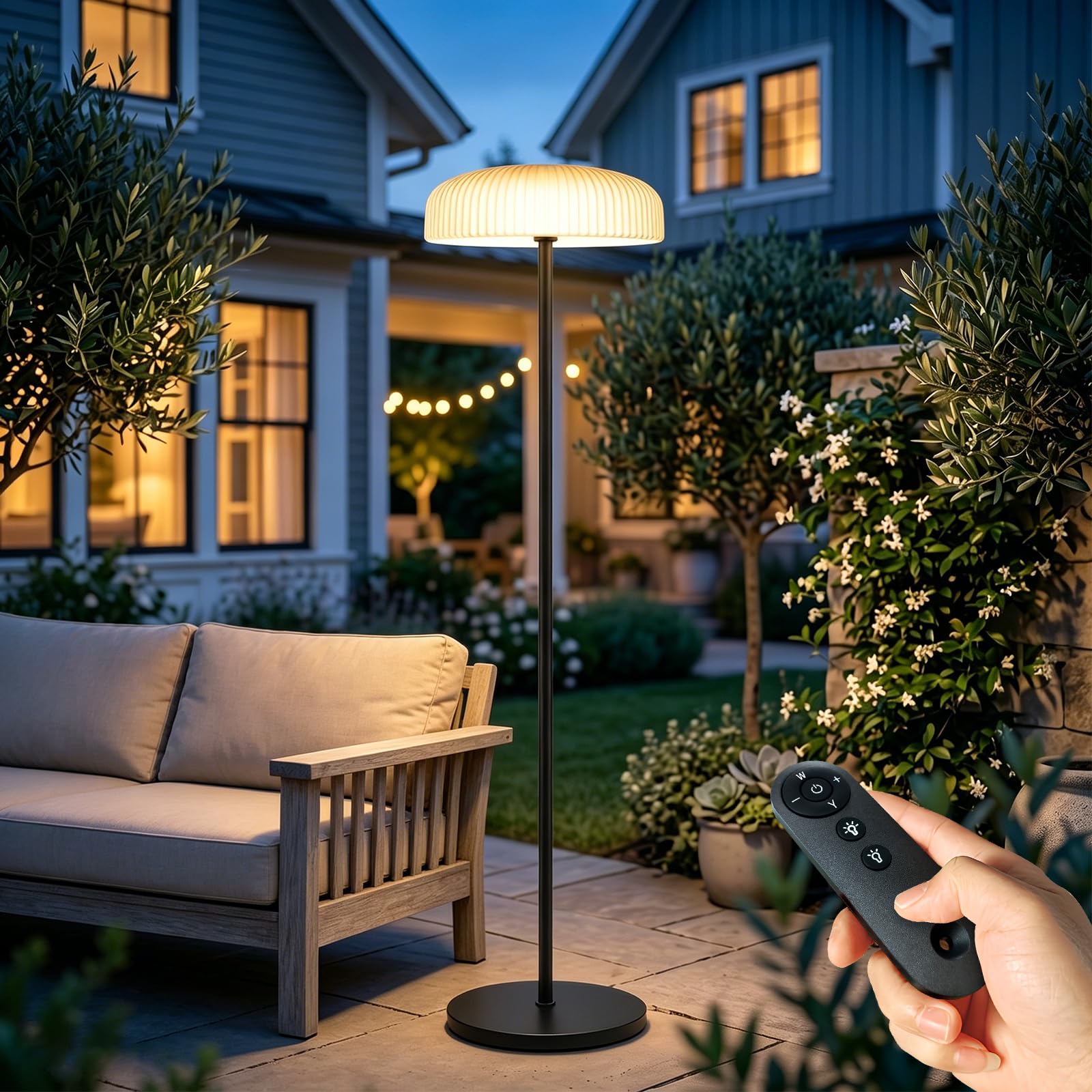 AGOTD Lampada da terra solare per patio esterno, LED senza fili con telecomando, 10 livelli di luminosità, bianco caldo e bianco freddo, impermeabile, ricaricabile da 4000 mAh