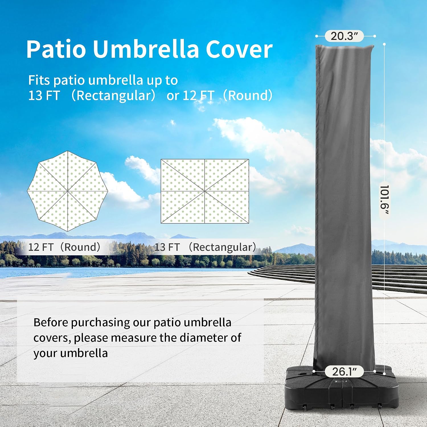 Patio Umbrella Cover, Water Resistant Replacement Covers with Zipper and Rod Fit 9-13 Ft Outdoor Cantilever Umbrellas, Grey