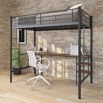 Majnesvon Metal Twin Loft Desk & Shelves/Loft Bed with Size,Metal Desk,Black