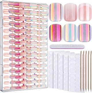FANDAMEI Press on Nails, 6 Colors Chrome Press on Nails Short, Cat Eye Nails Short Round, Natural Fake Nails with Chrome Mirror Effect, Super Shiny Ombre, Glossy for Women with Salon Quality