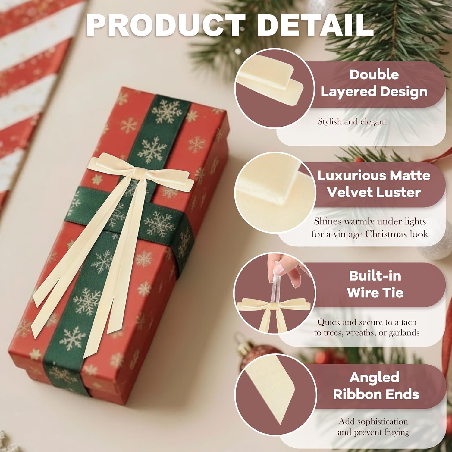 24pcs Velvet Bows for Christmas Tree, Pre-Tied Beige White Bow for Xmas Trees Wreaths Gifts Wedding Indoor Outdoor Neutral Decorations, 5 x 7 Inch - Image 3