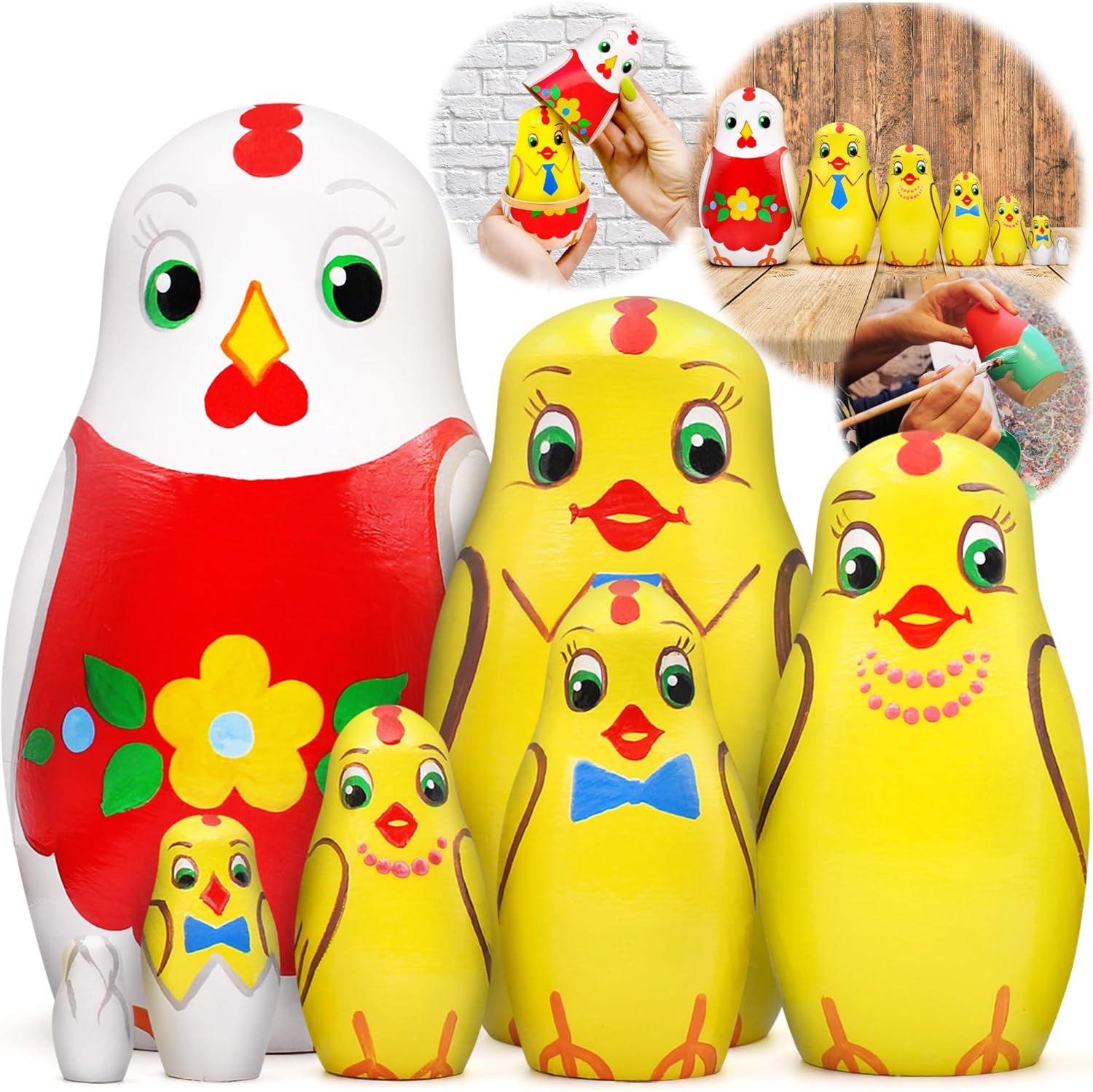 AEVVV Chicken Nesting Dolls Set of 7 Pcs - Matryoshka Russian Doll - Chicken Decor - Easter Nesting Dolls - Matryoshka Doll