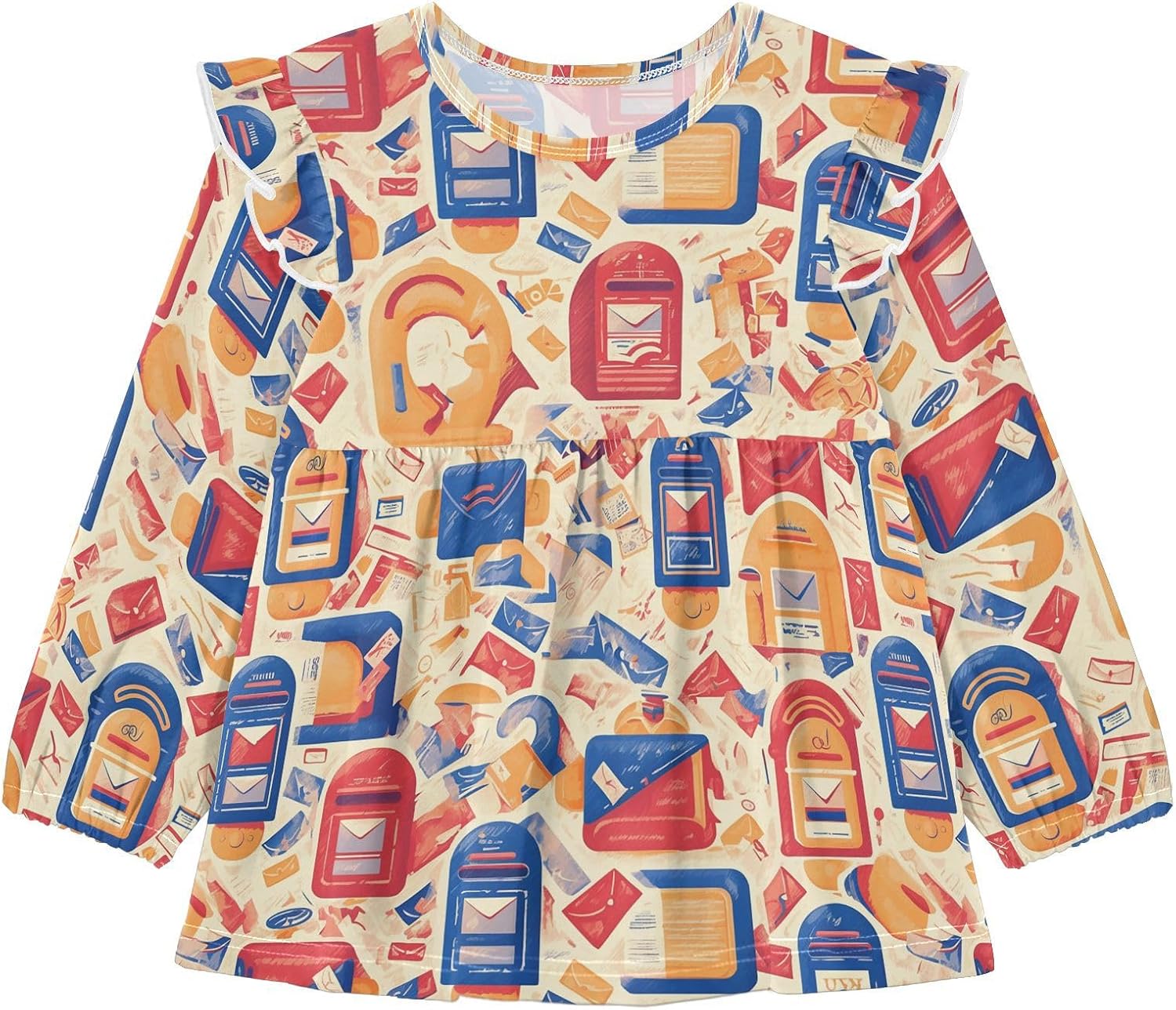 visesunny Toddler Clothes for Girls Vintage Mailbox Letter Pattern Long Sleeve Fall Shirts Cotton Top with Ruffle Collar