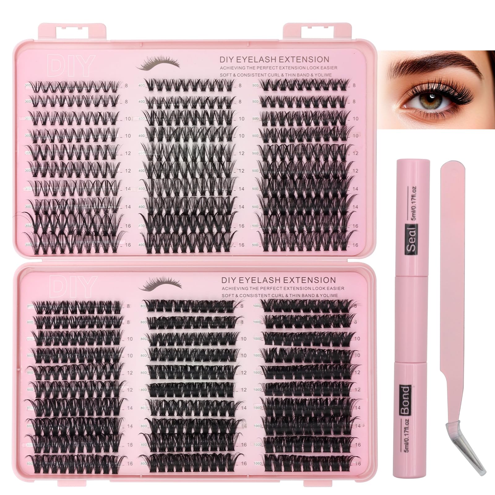 VEGCOO 570 Pezzi Ciglia Finte Ciuffetti, 30-40-50-60-80-100D Kit Extension Ciglia, Curl Ciglia Finte Ciuffetti 8-16mm, DIY Eyelash Extension Kit
