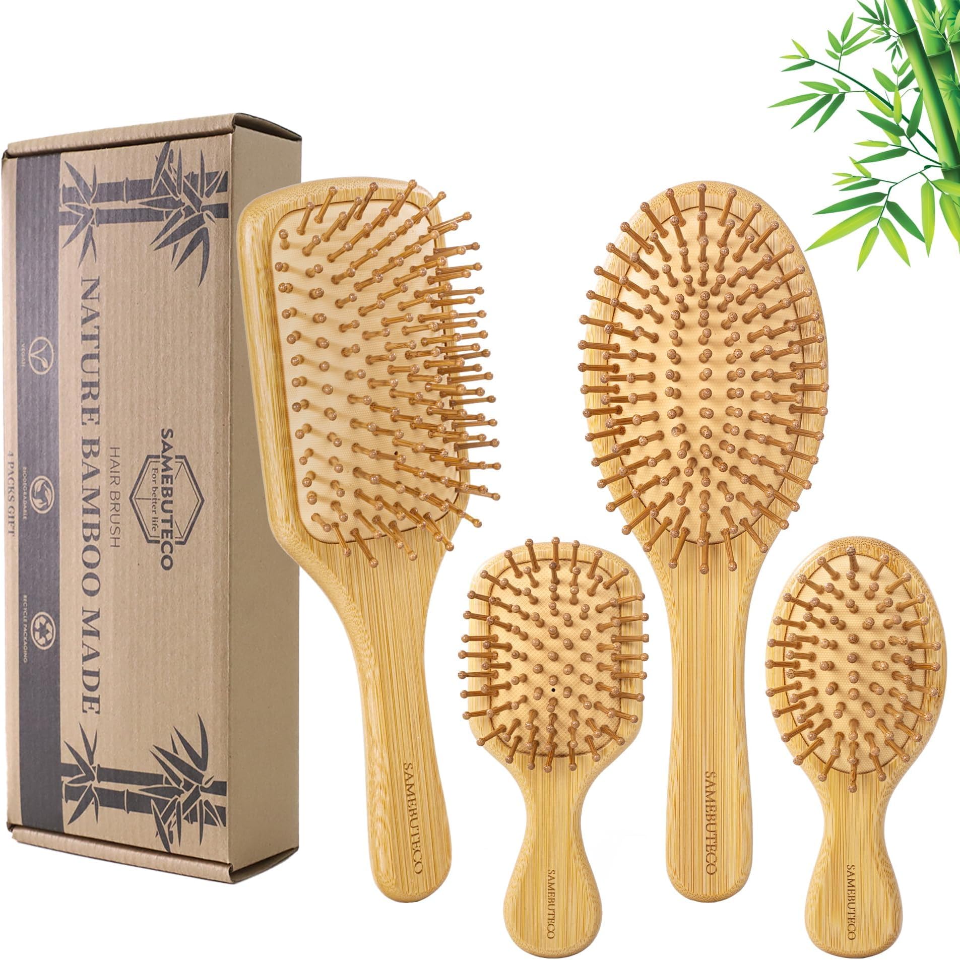 SAMEBUTECO Bamboo Hair Brush Set 4 Styles Paddle Detangling Brushes for Thick, Thin, Curly, and Dry Hair Women and Girls Hair Message Brushes 2 Indoor Used 2 Outdoor Used Travel portable