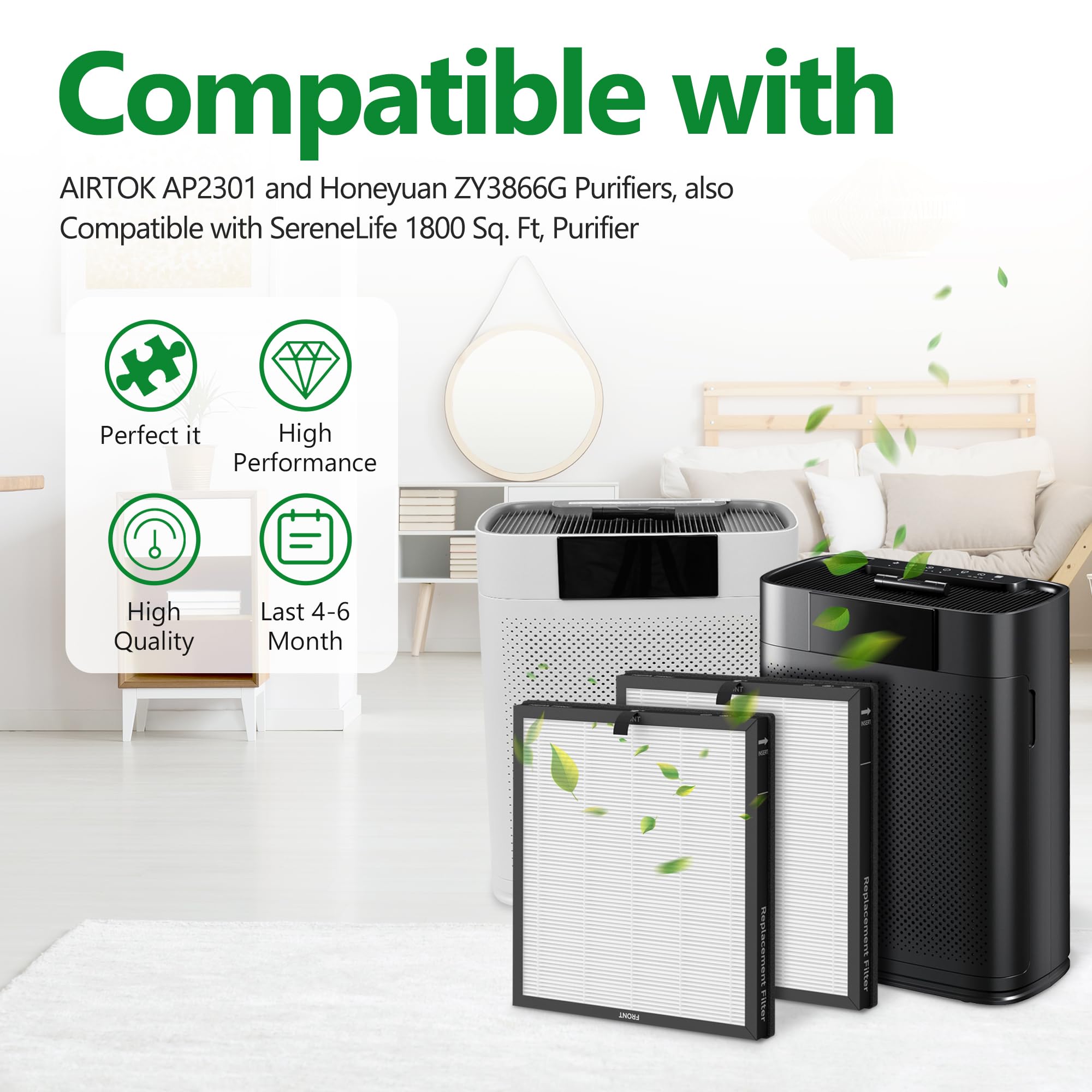 AP2301 Ersatzfilter, kompatibel mit Airtok AP2301 und Honeyuan ZY3866G Luftreinigern, auch kompatibel mit SereneLife 1800 m², Luftreiniger, mit Aromatherapie-Tabletten